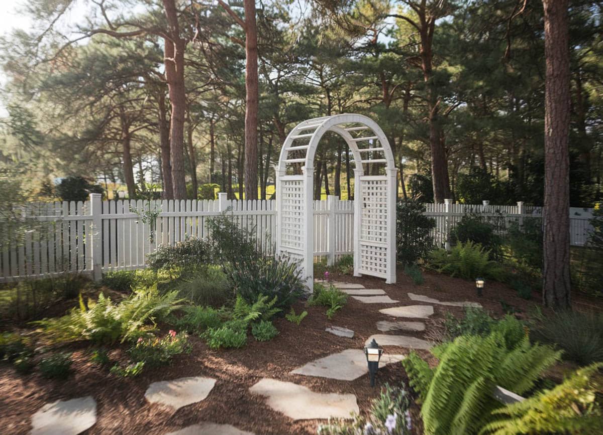 Fence with arbor and stone path