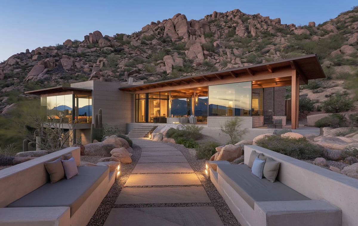 Backyard vista patio with two concrete and granite topped benches