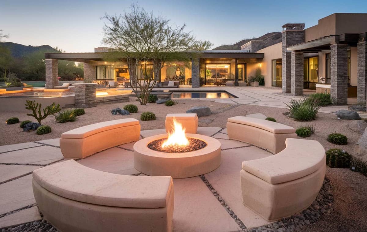 Desert landscape with neomodern cement benches