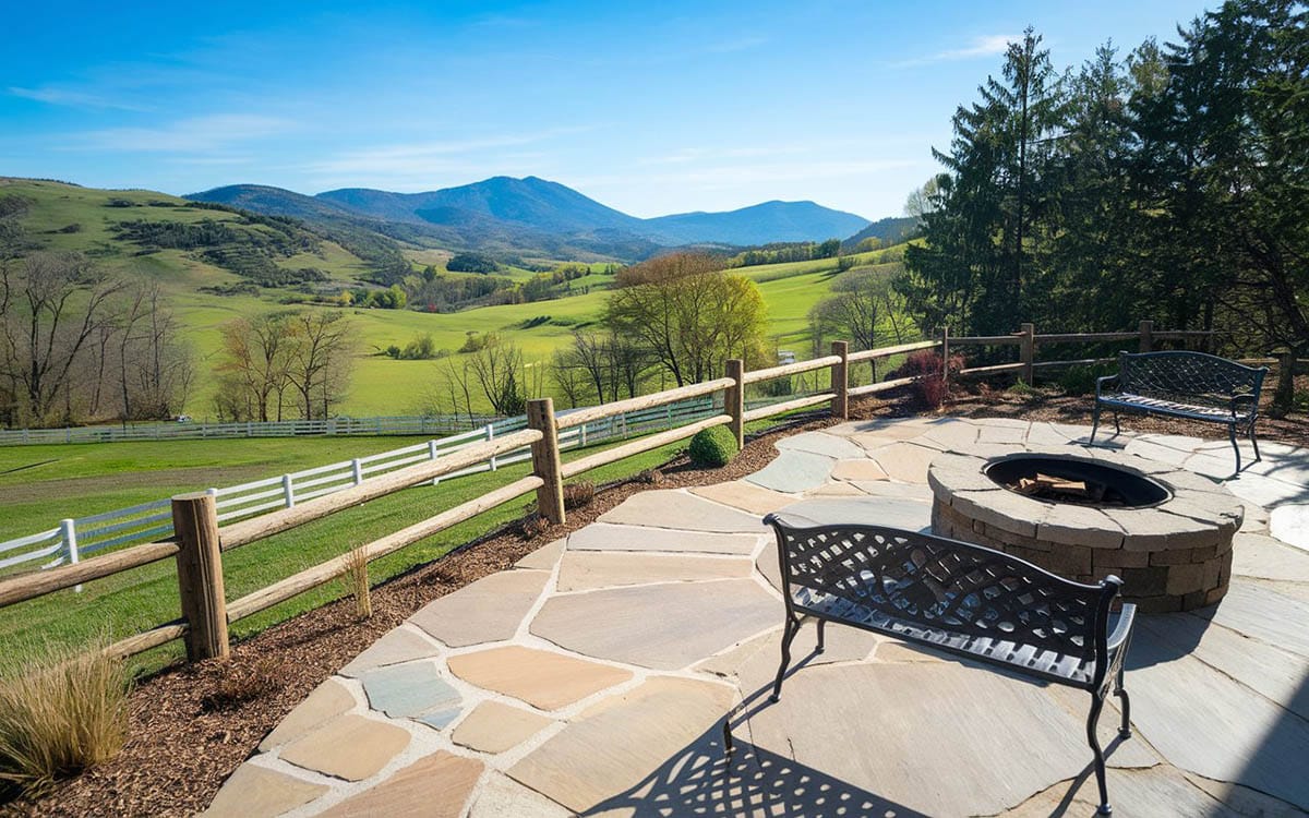 Rustic flagstone patio with two benches