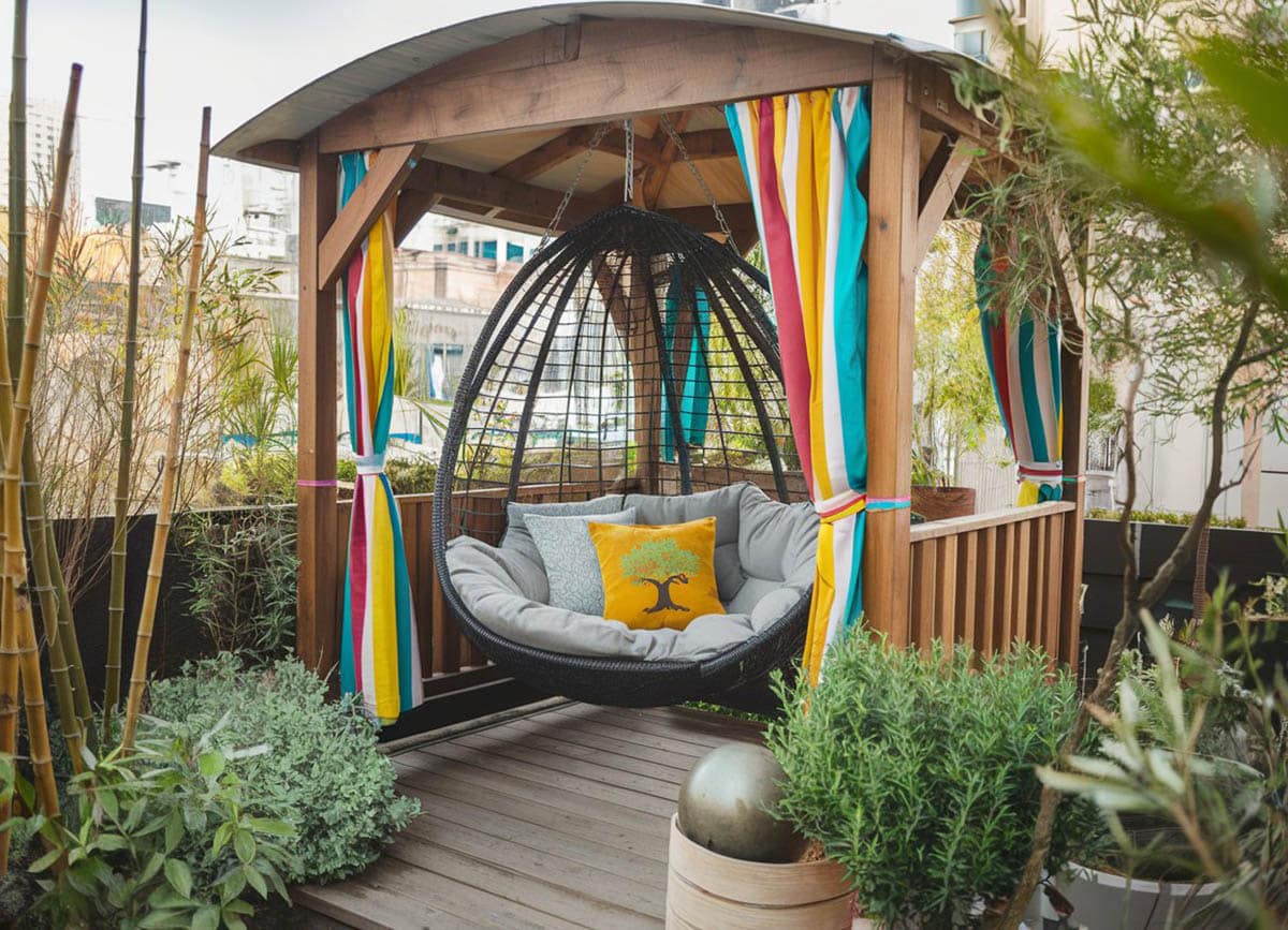 Small backyard gazebo with hanging cocoon hammock reading nook