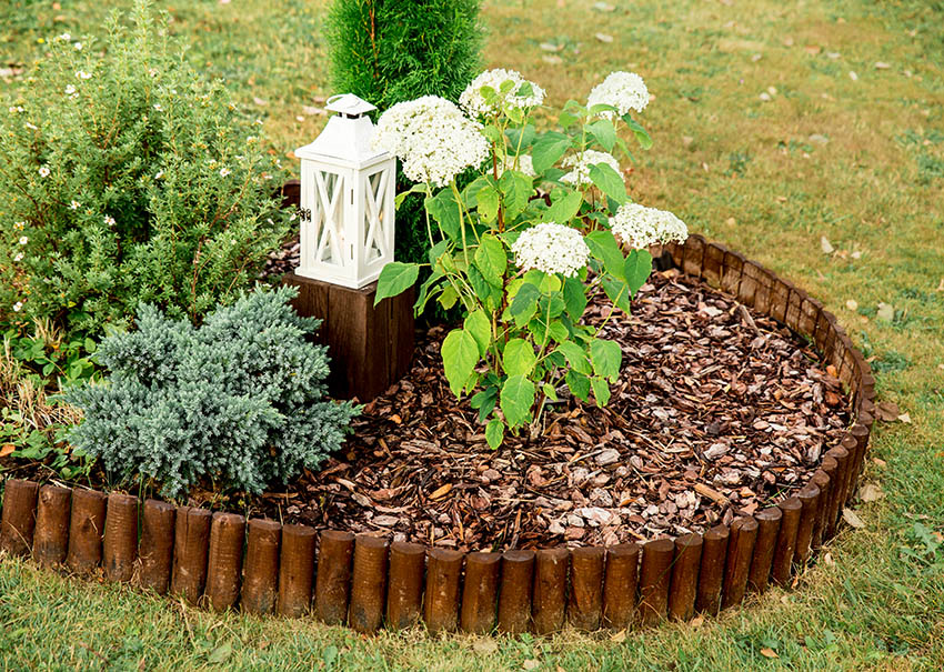 Wood roll edging in garden