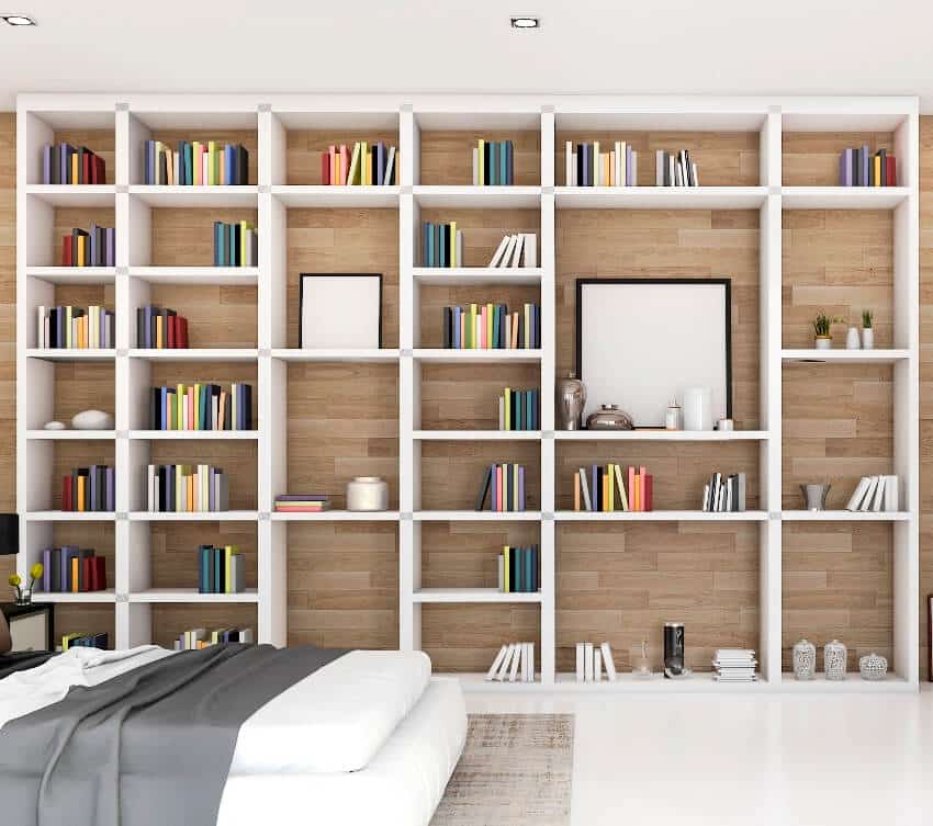 Contemporary wood bedroom with built in melamine unit