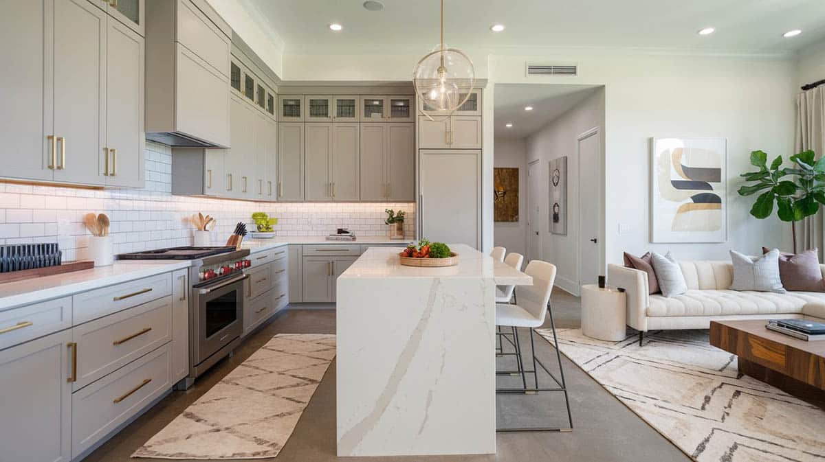 Stylish kitchen with light gray cupboards and gold hardware