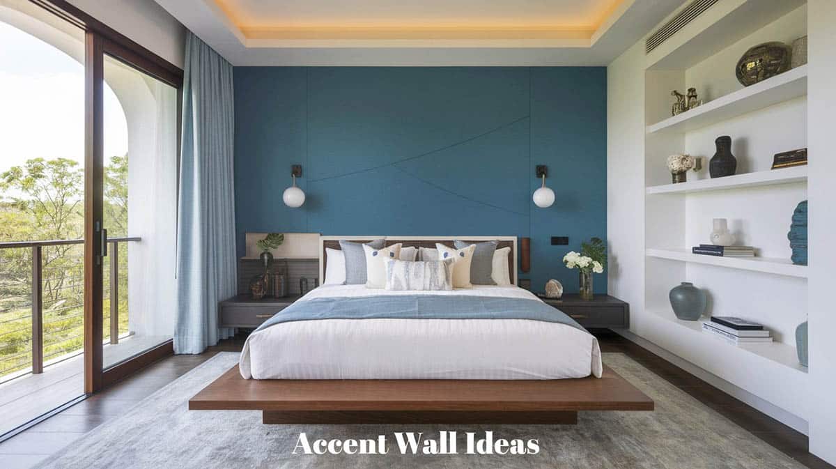 Bedroom with blue accent wall behind bed
