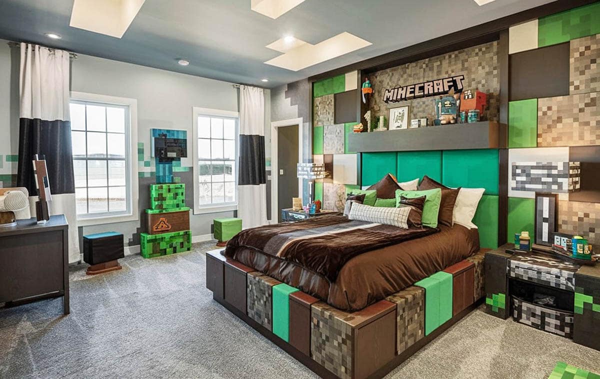Kids minecraft themed bedroom with decor