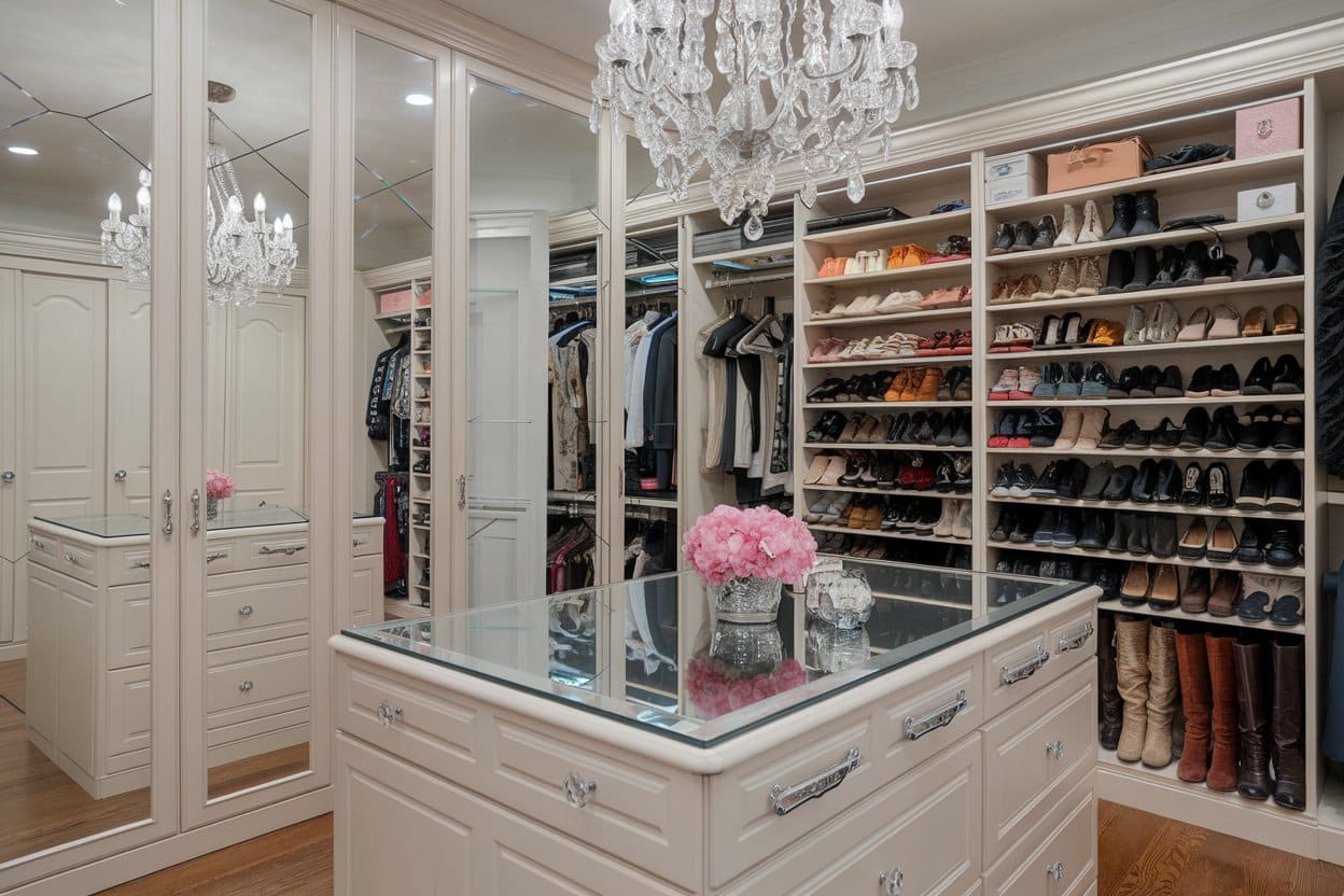 Contemporary closet with built-in shoe cabinet, island, and chandelier
