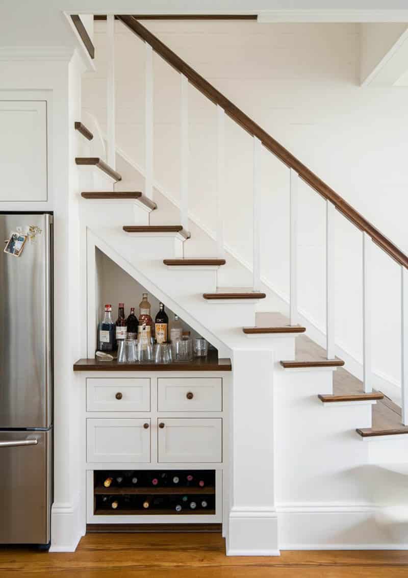 Home mini bar under stairs with drawers