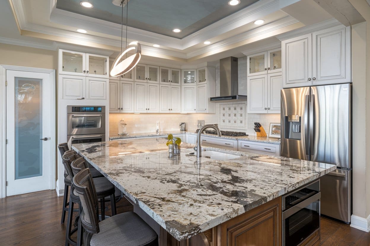 White kitchen with blizzard granite