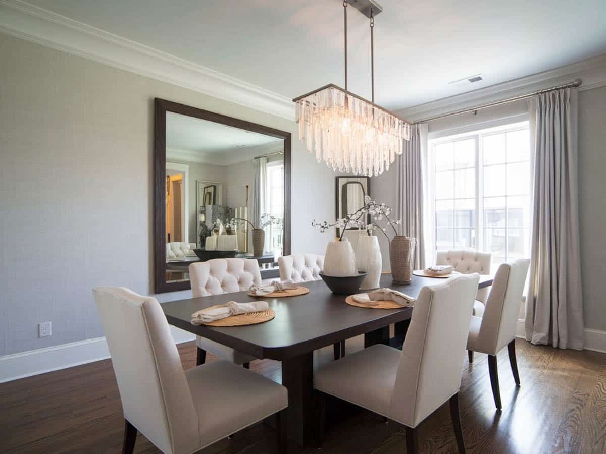 Contemporary dining room with gray textured wallpaper