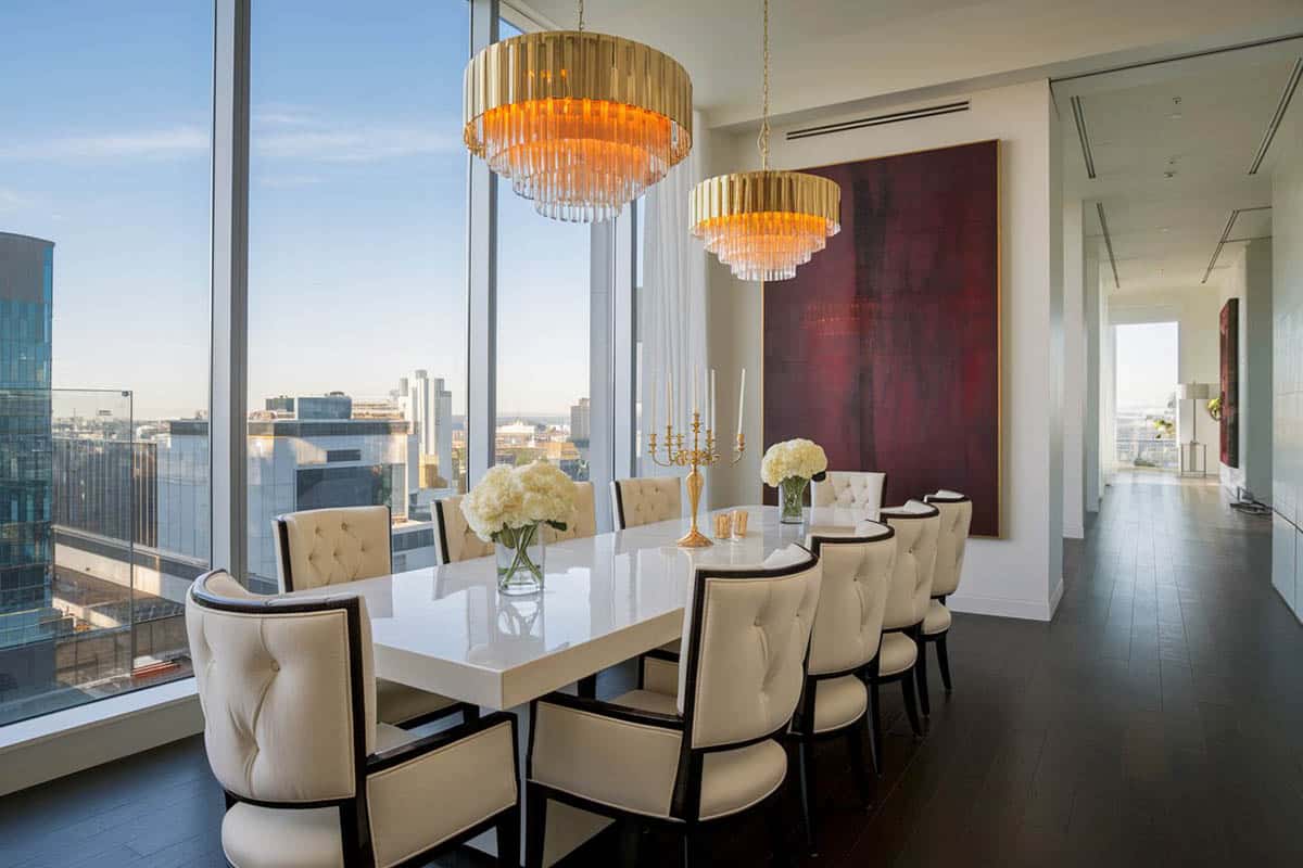 Contemporary formal dining room with city views