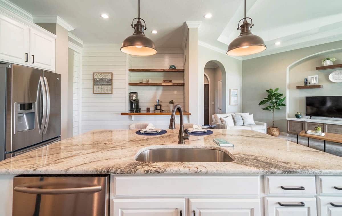 Kitchen with home bar cabinet nook with painted boards and shelving