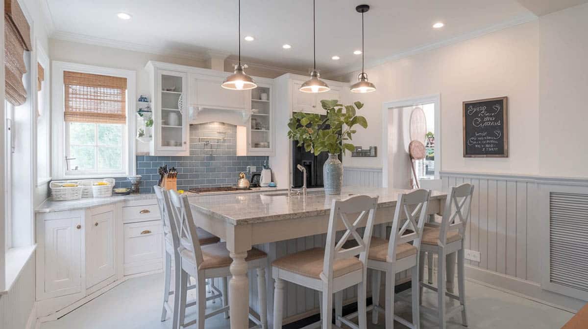 Kitchen with shiplap panel wainscoting and white and glass door cabinets