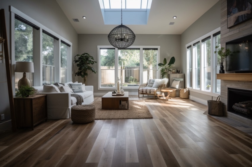 Living room with wood floors, chandelier, coffee table, and off white furniture