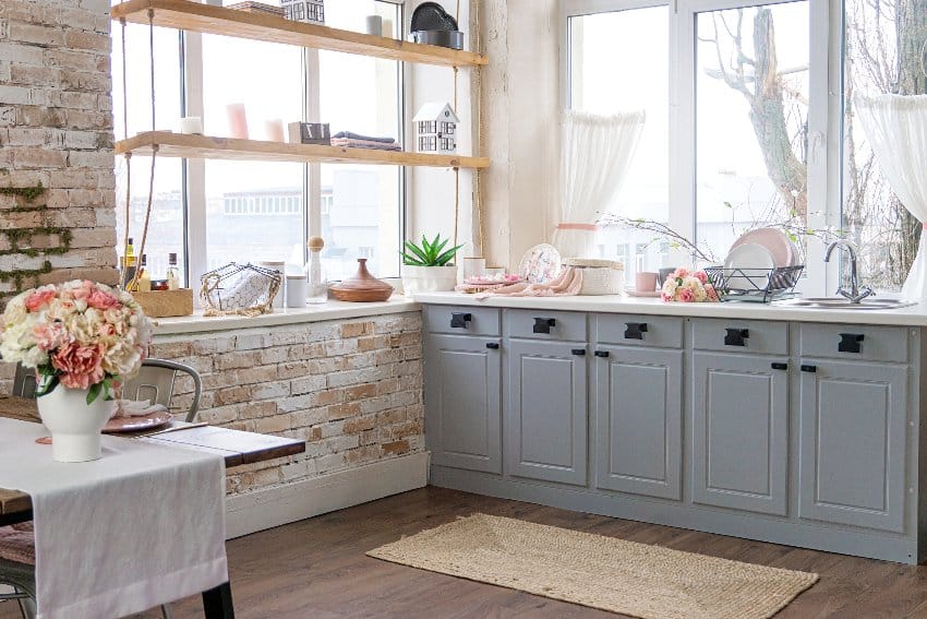 Kitchen with brick wallpaper