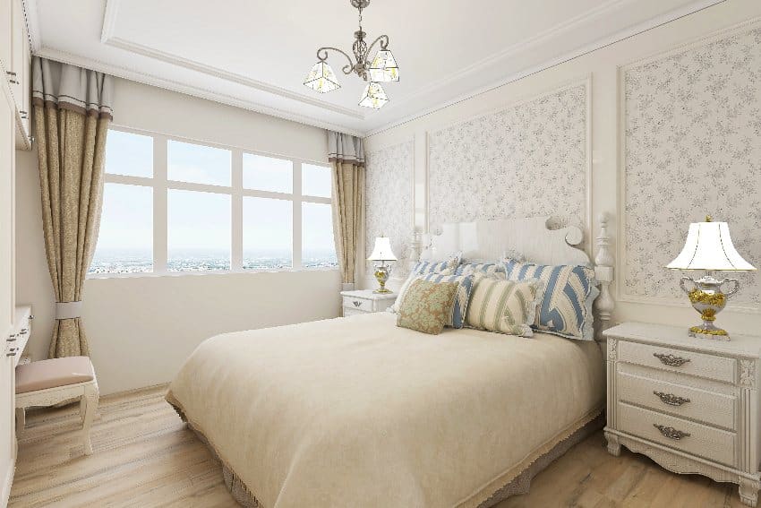 Relaxing bedroom interior with cottagecore aesthetic wallpaper