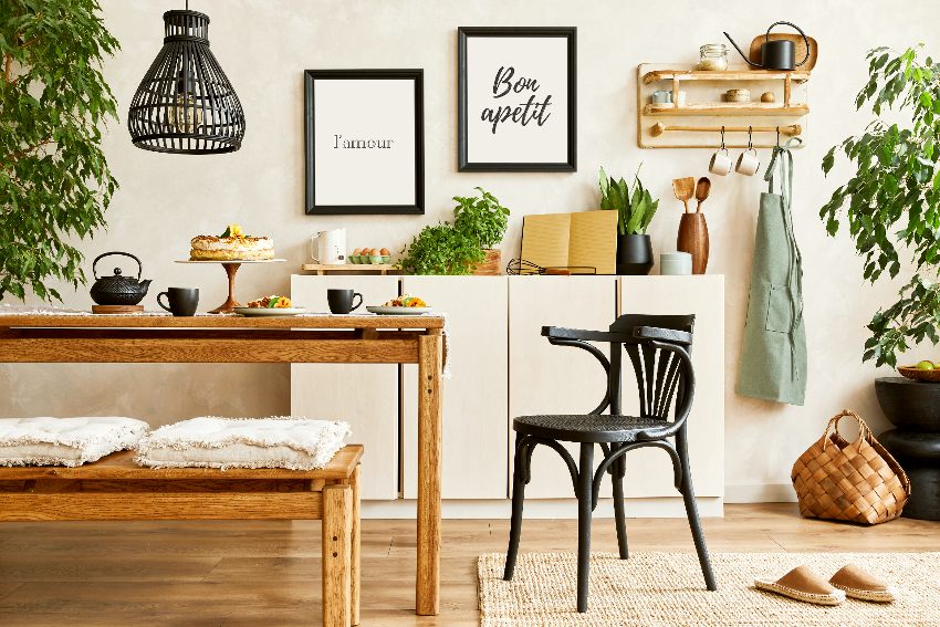 Kitchen with mock up poster frames
