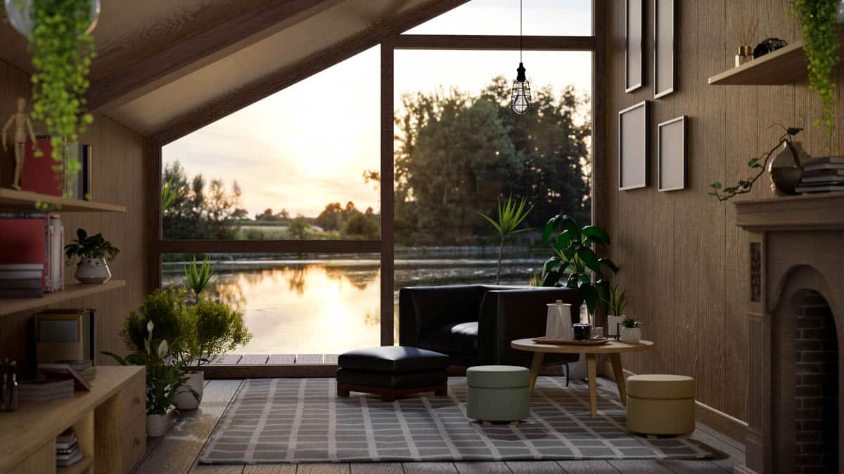 Angled ceiling interior with beige walls with lake views