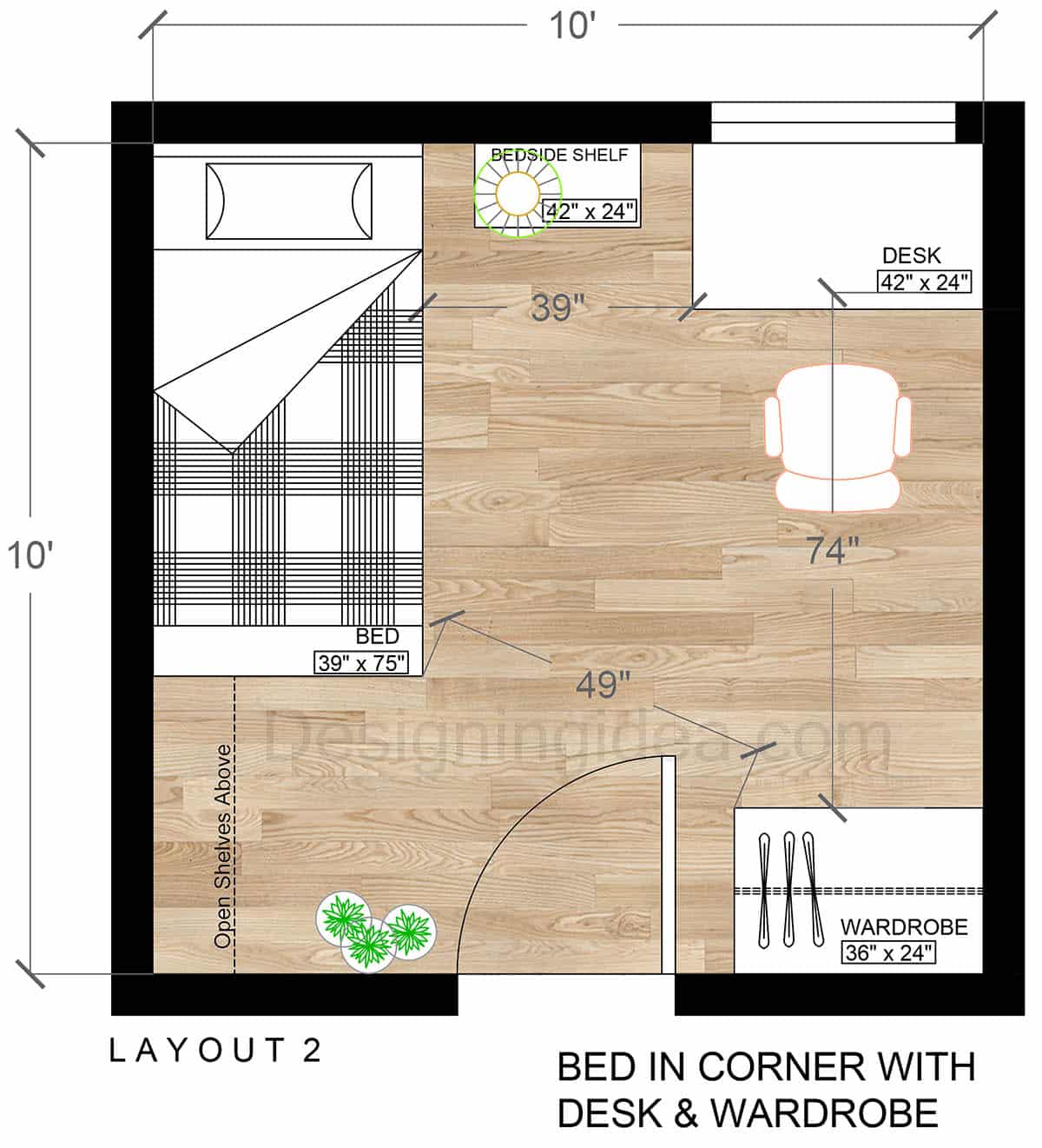 10x10 room floor plan with bed in corner with desk and wardrobe