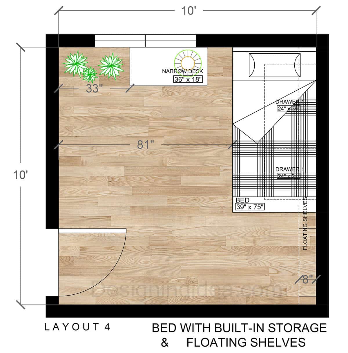 bedroom design with bed with built in storage and floating shelves