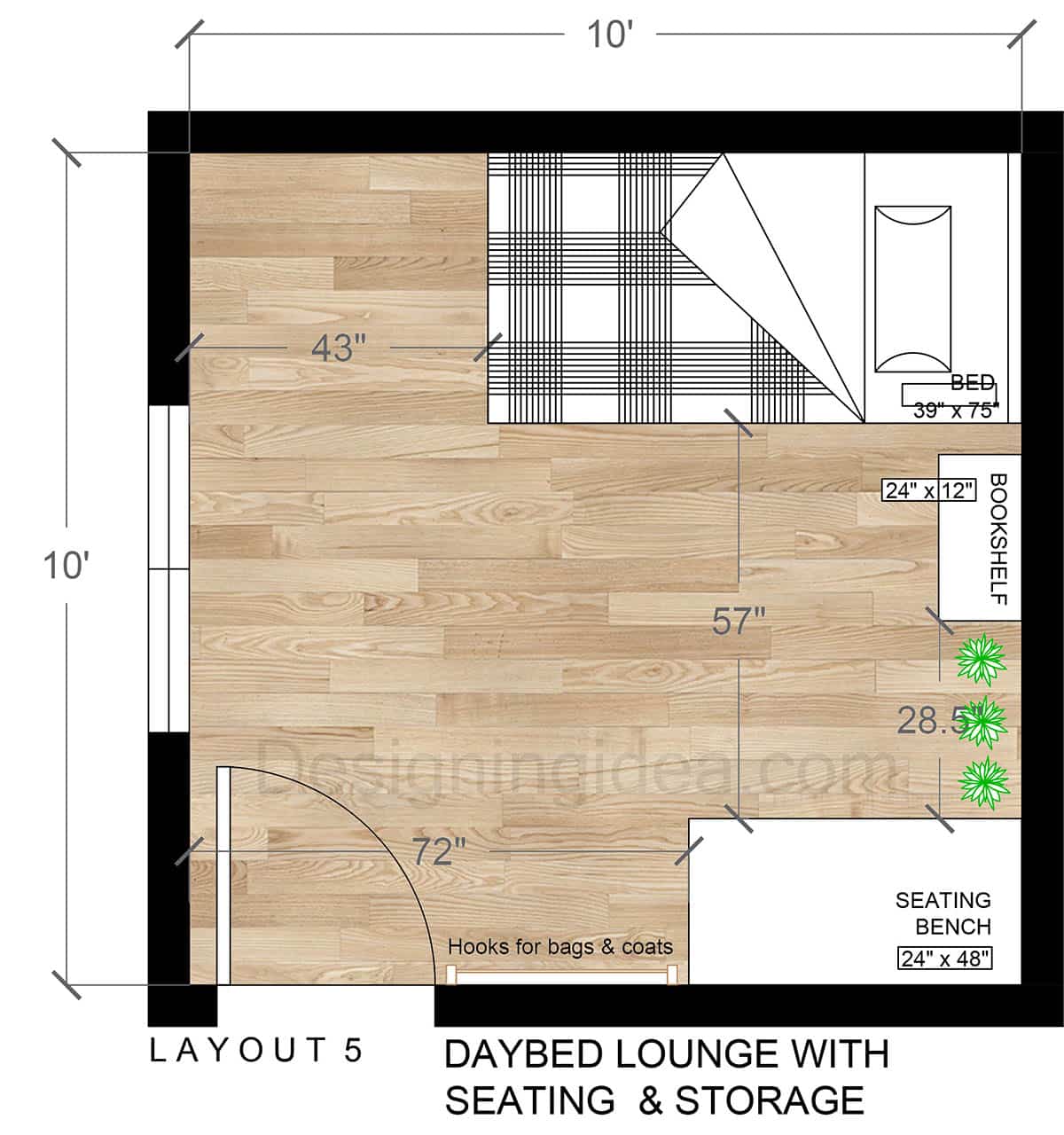 Bedroom plan with daybed with seating and storage