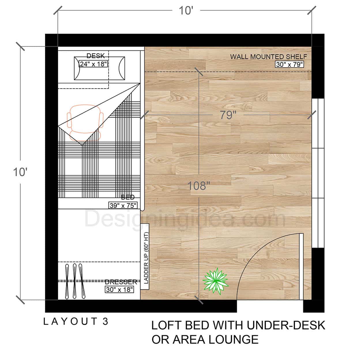 10x10 room design with loft bed with under desk or lounge area