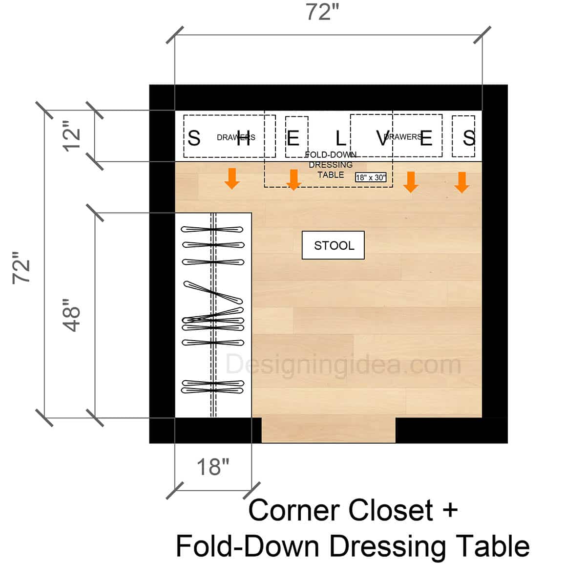 6x6 corner closet with fold down dressing table layout