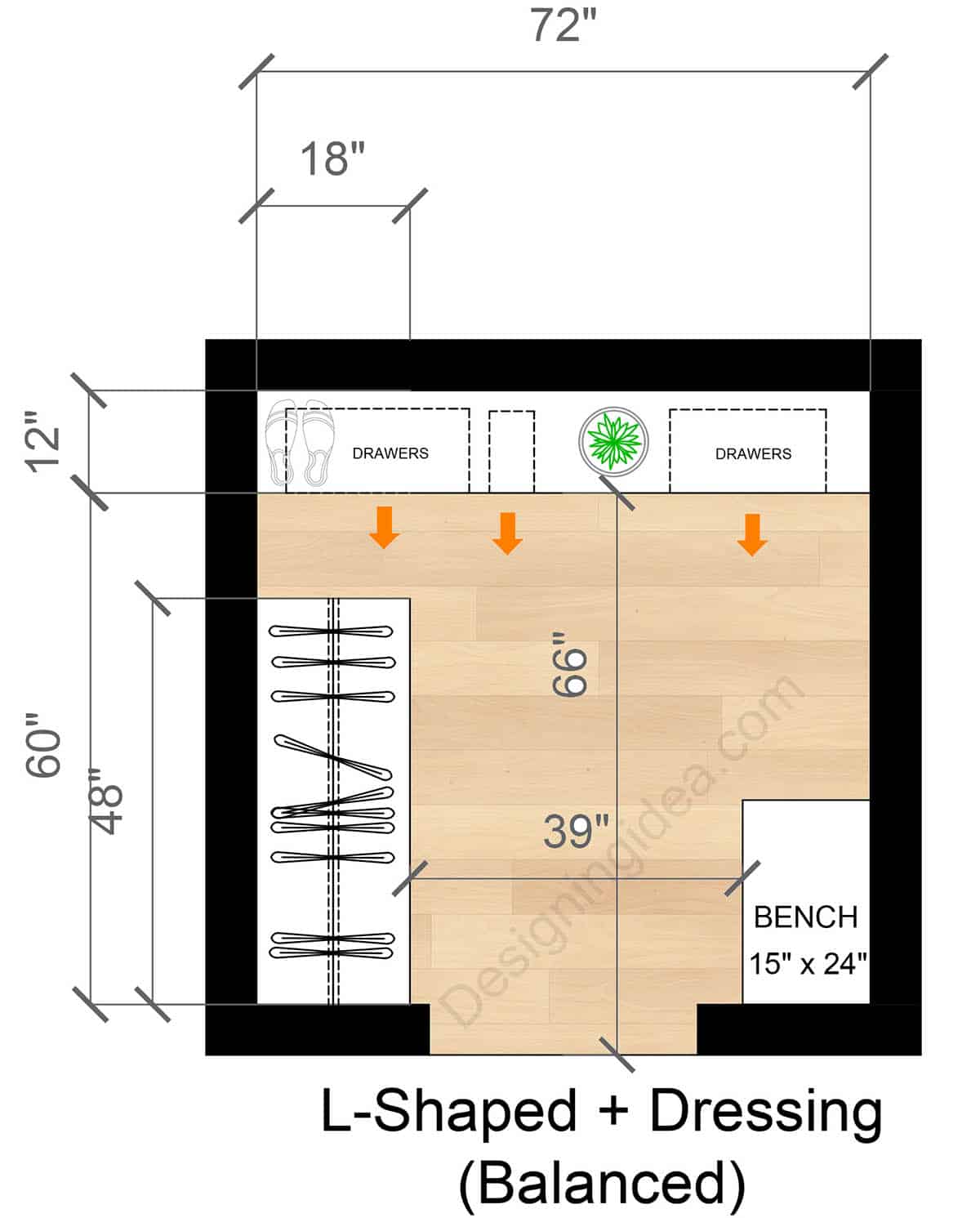 6x6 l-shaped closet with dressing bench layout