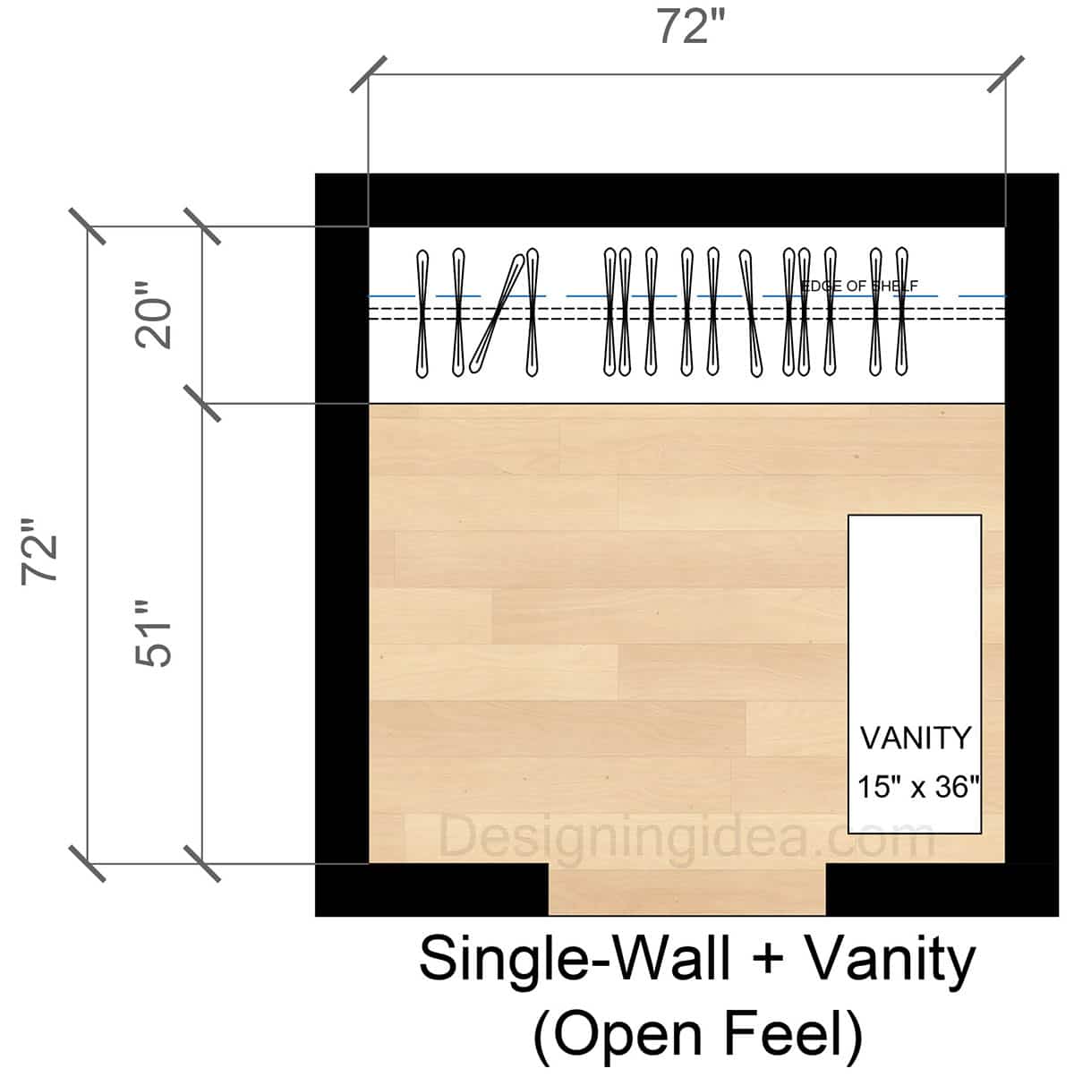 6x6 single wall closet with vanity layout