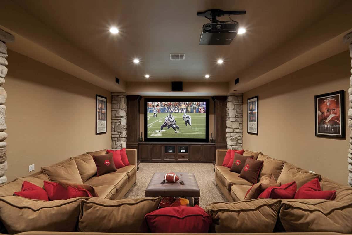 Basement theater with wraparound sectional