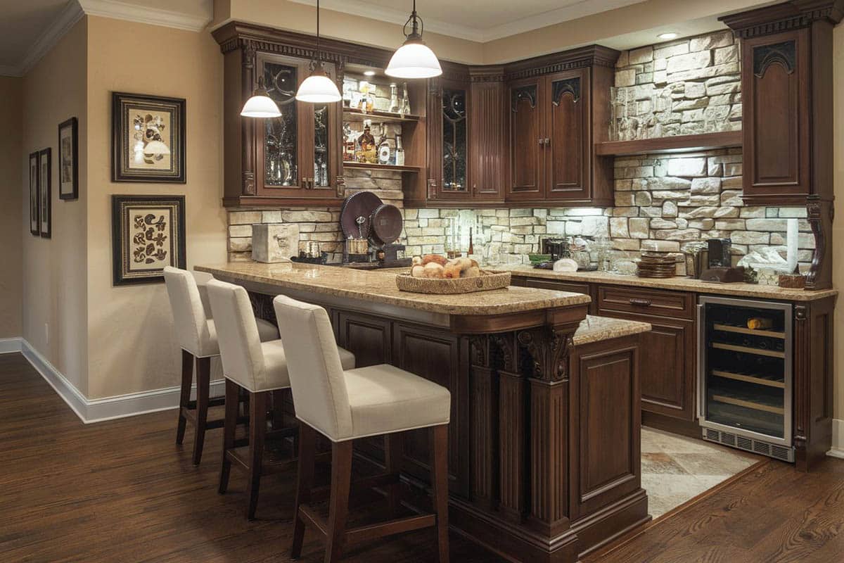 Contemporary bar with dark cabinets and fridge