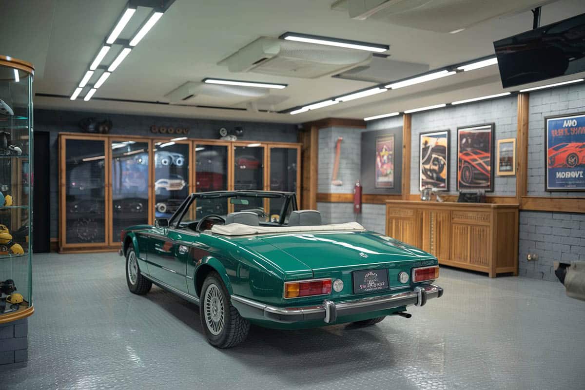 Garage with rubber floors and classic car