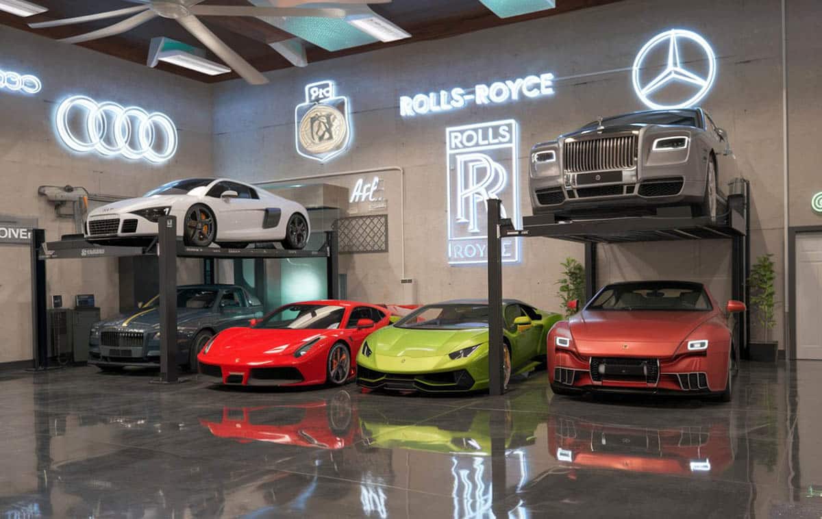 Luxury cars in modern garage with polished floors