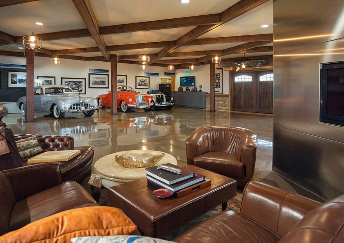 Garage with lounge chairs and tv