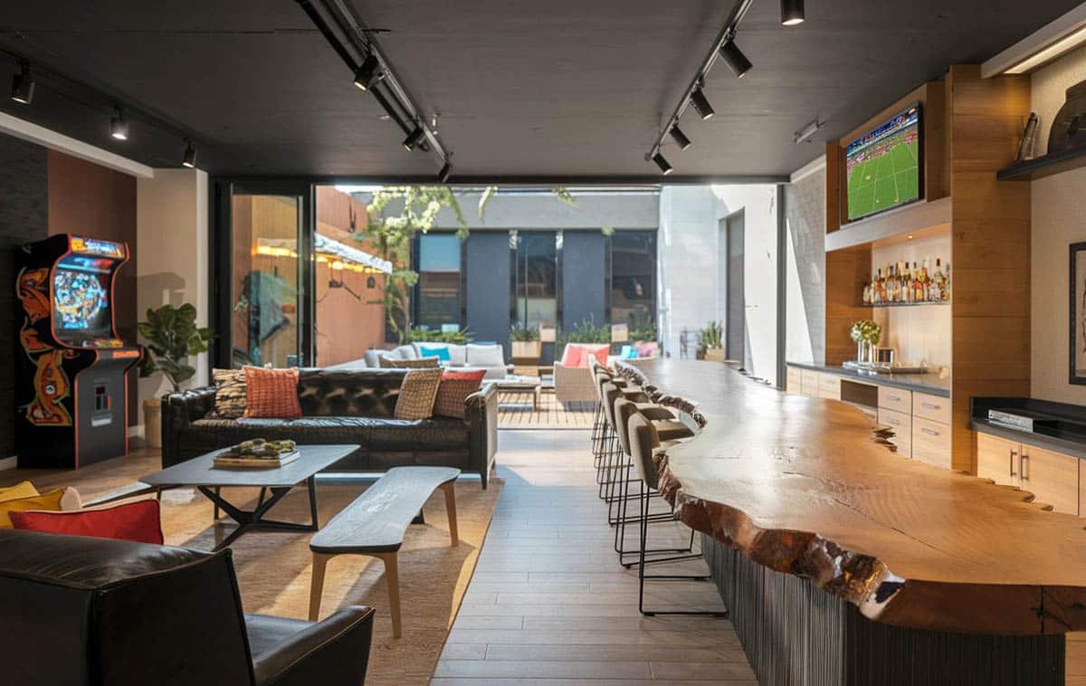 Luxury lounge area with custom live edge bar