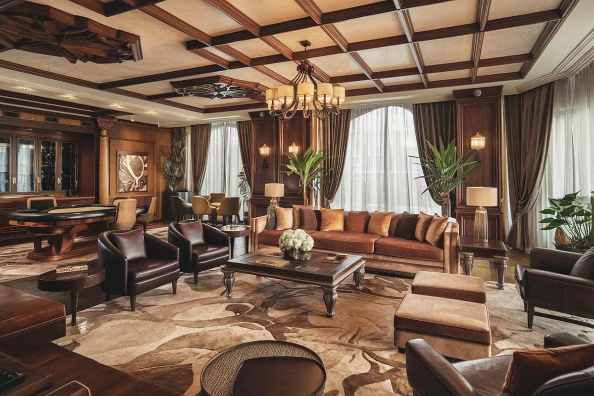 luxurious masculine lounge with a high ceiling and intricate wooden beams