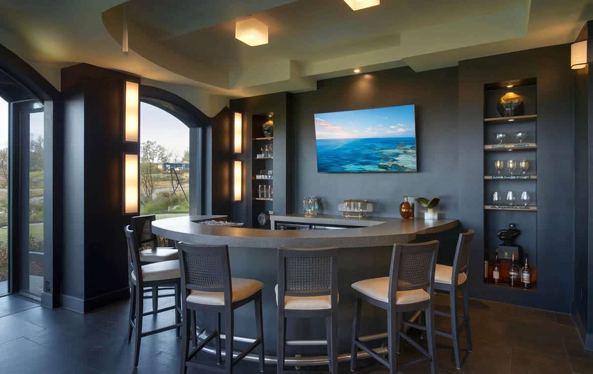 Modern curved wet bar with linear lights dark decor