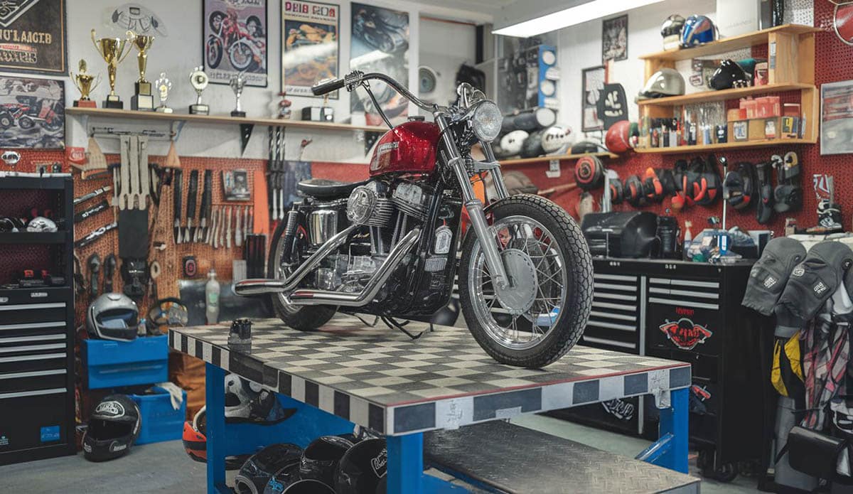 Mechanics garage with tools and motorcycle