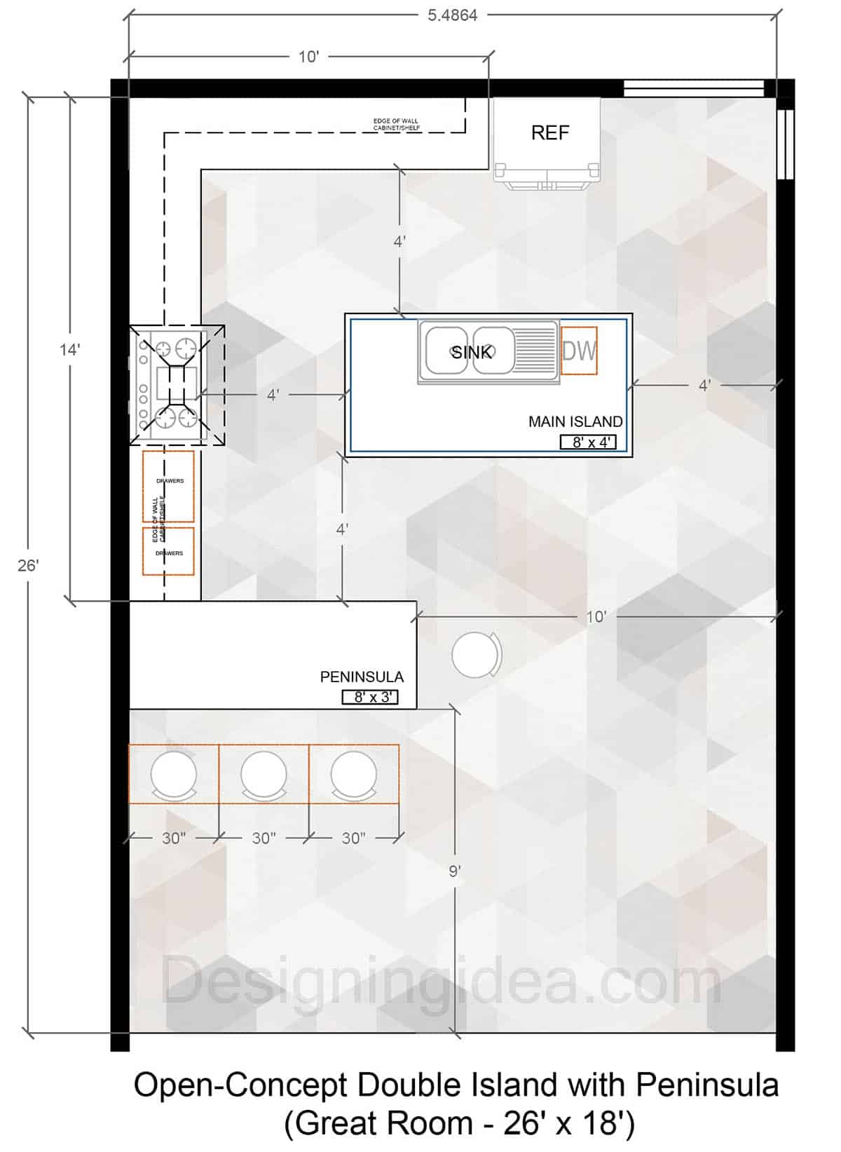 Open concept kitchen with island and peninsula or portable cart layout