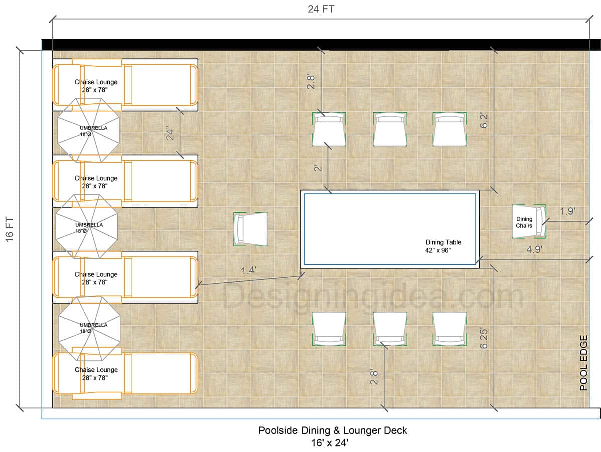 Poolside dining and lounge deck layout