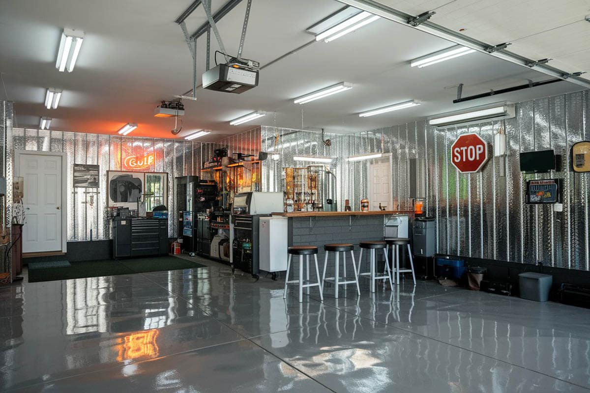 Retro garage with ceiling lights and polished epoxy floors