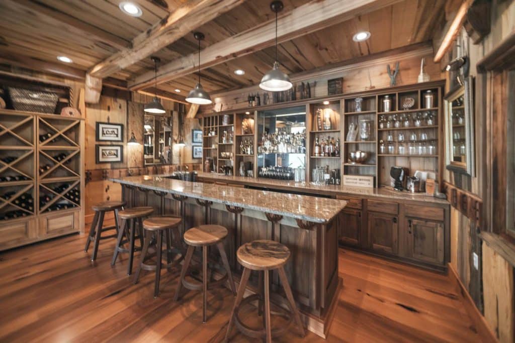 Rustic wooden bar with sports game memorabilia