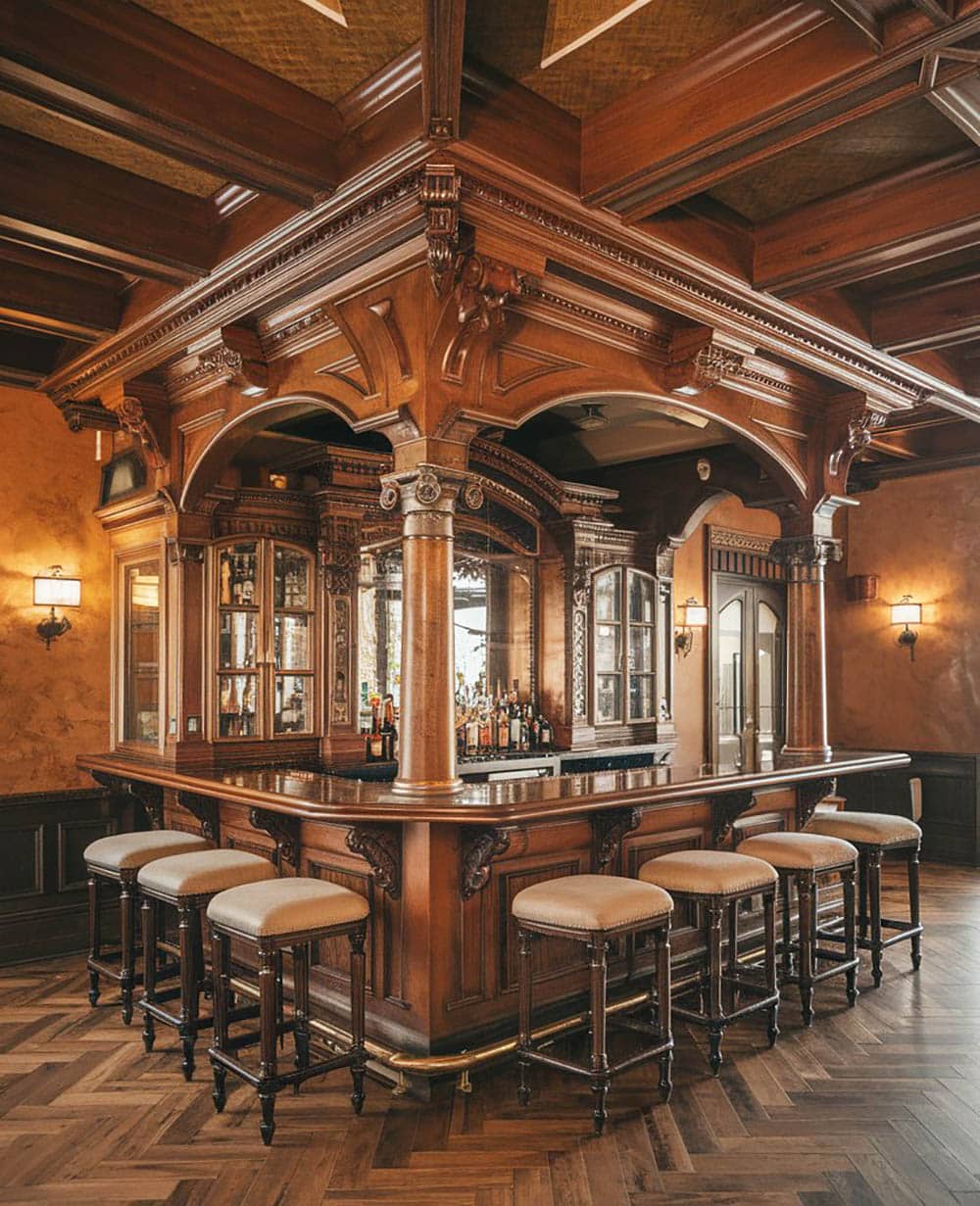 Rustic wood designed bar with glass door cabinetry