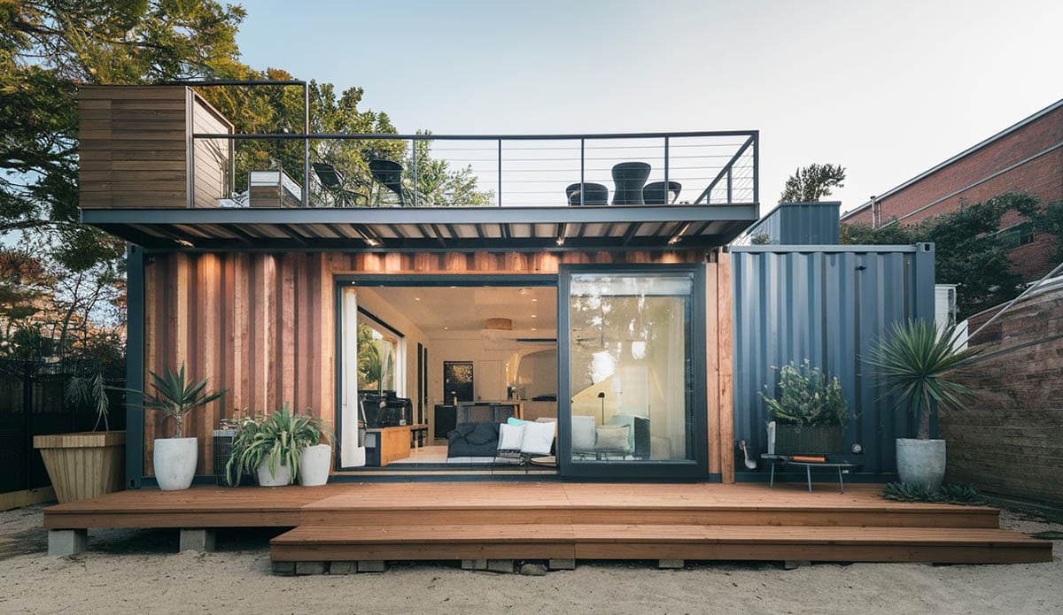 Shipping container lounge with wood exterior