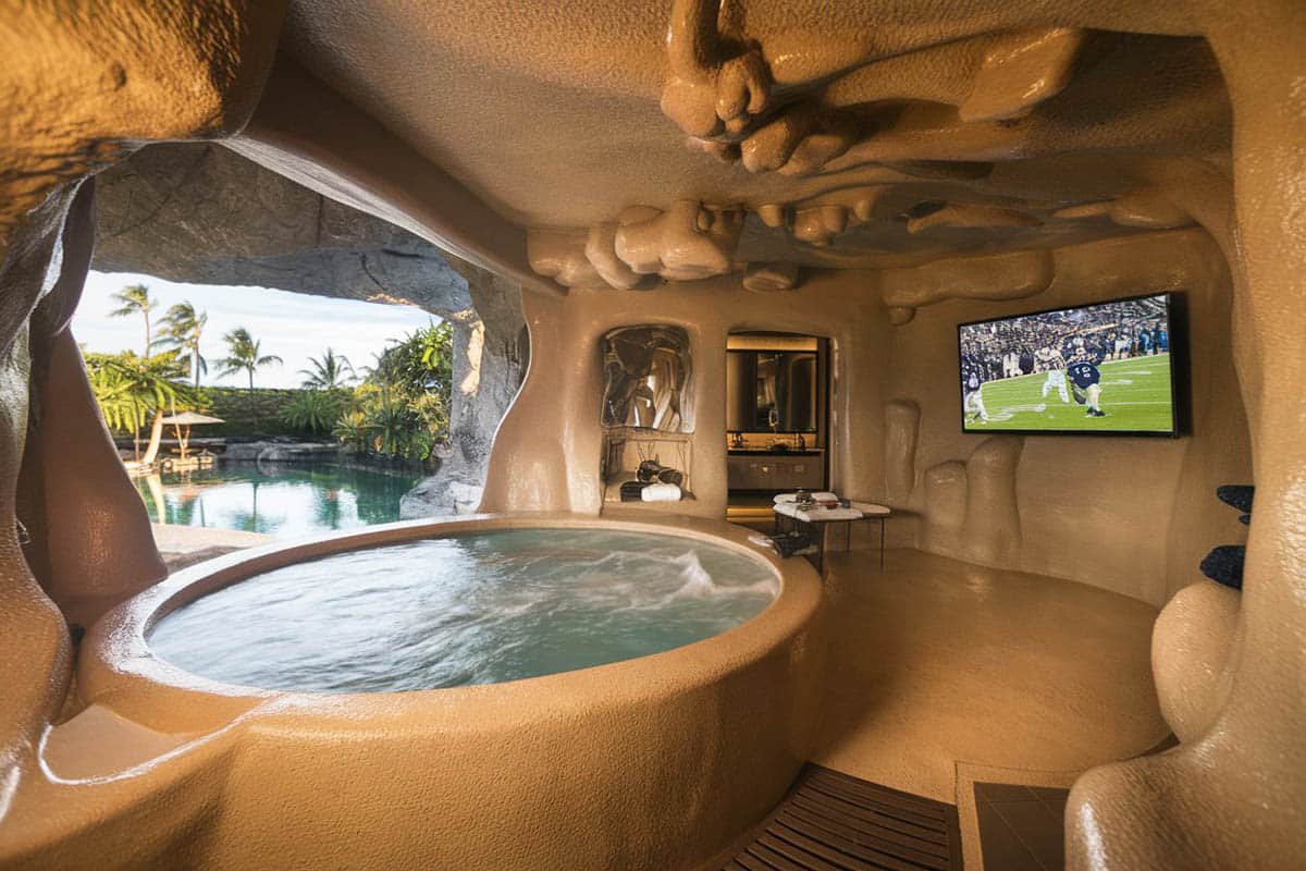 Stone hot tub cave with tv