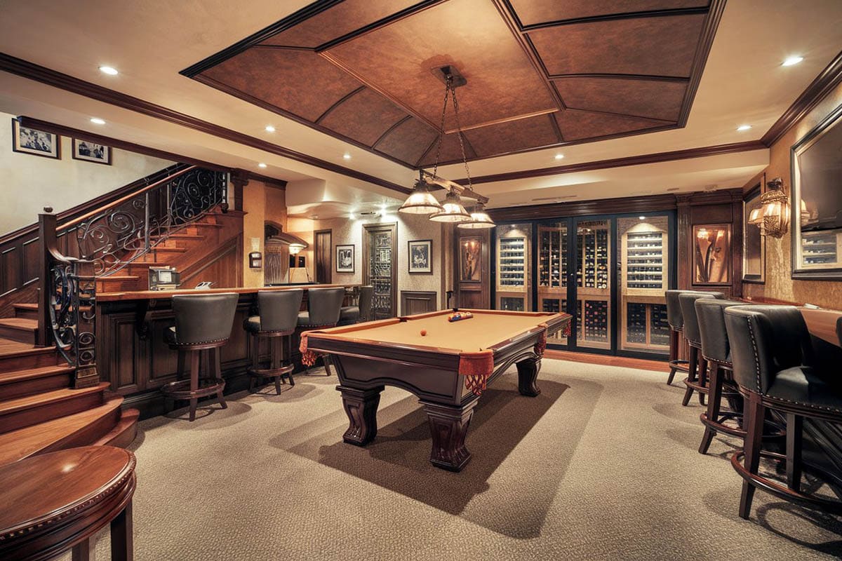 Traditional room with wood trim bar