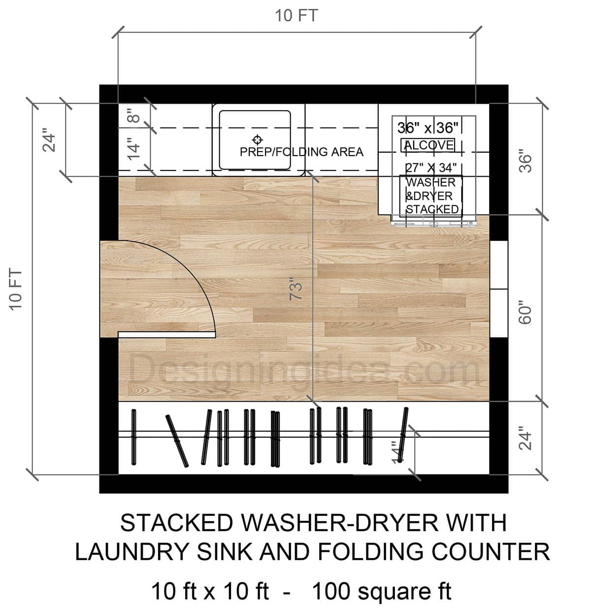 10x10 Bedroom Laundry Closet Layout With Stacked Washer-Dryer with Utility Sink