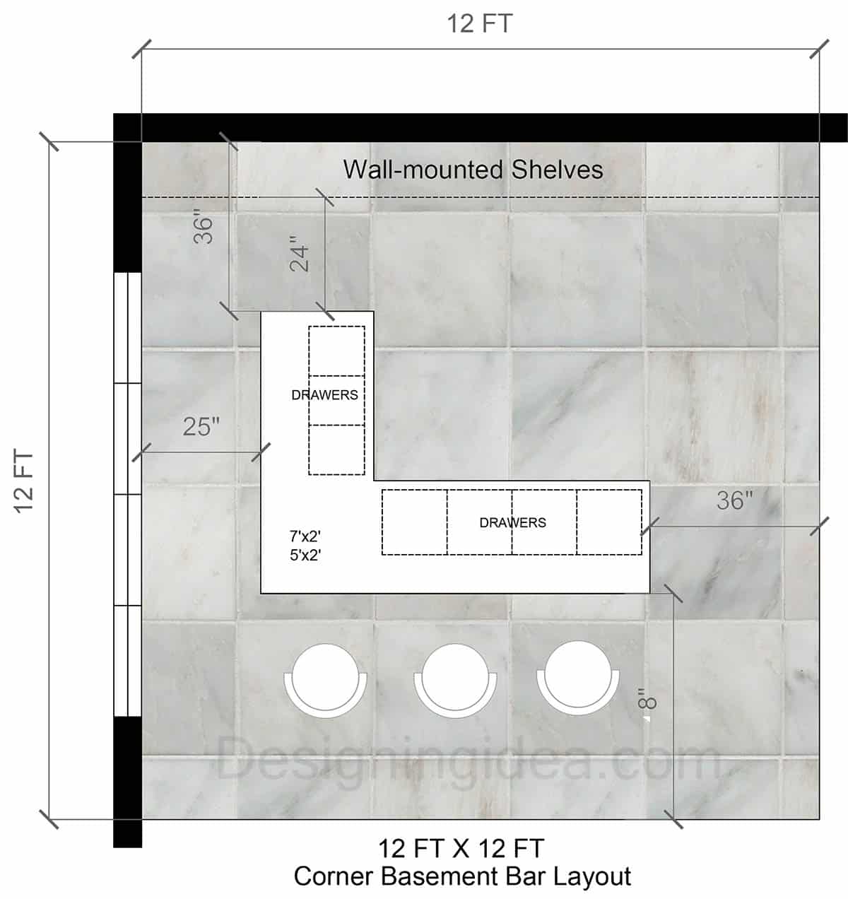 12x12 corner basement bar layout