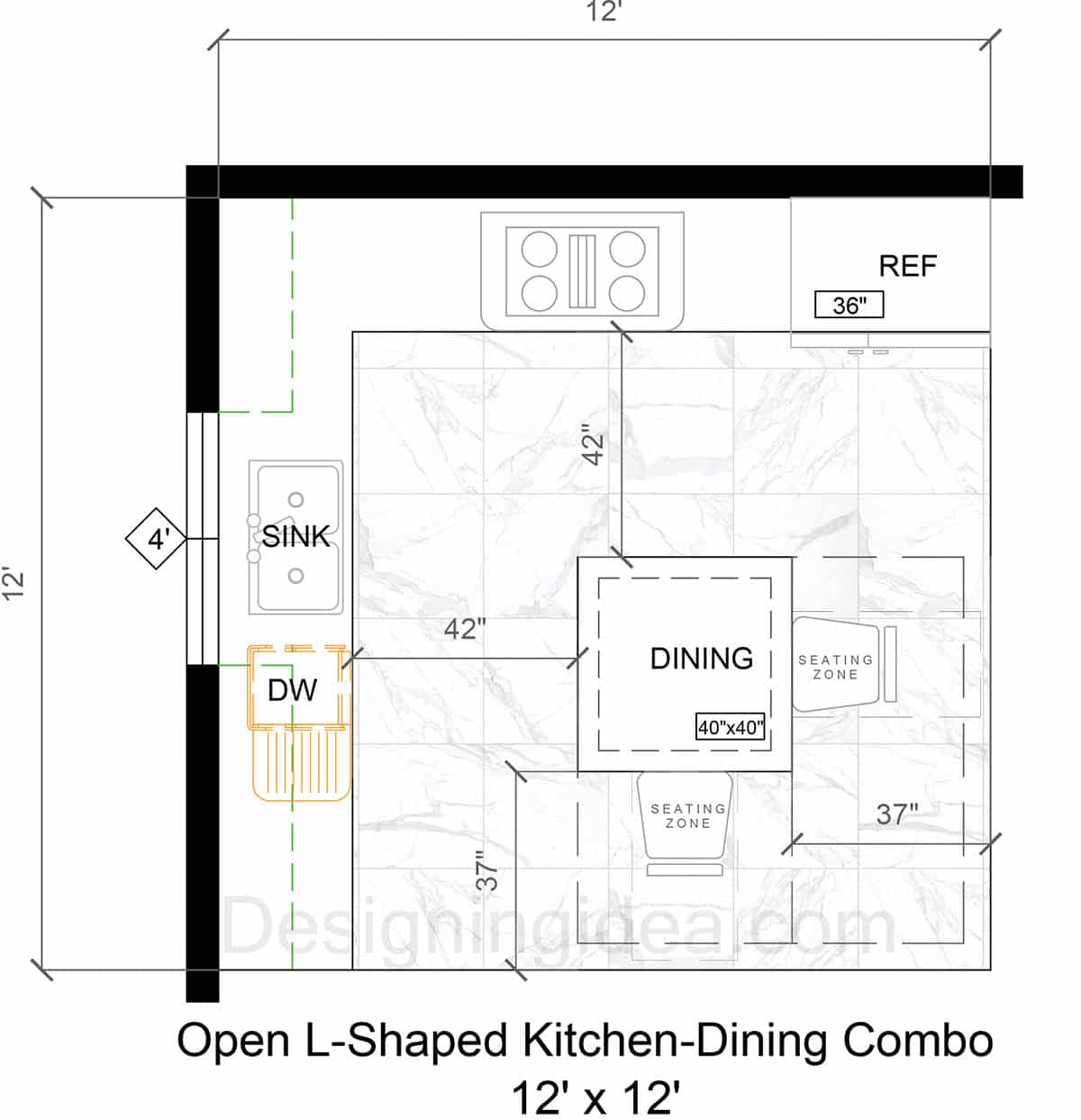 12x12 Open L-Shape Kitchen And Dining Combo Layout
