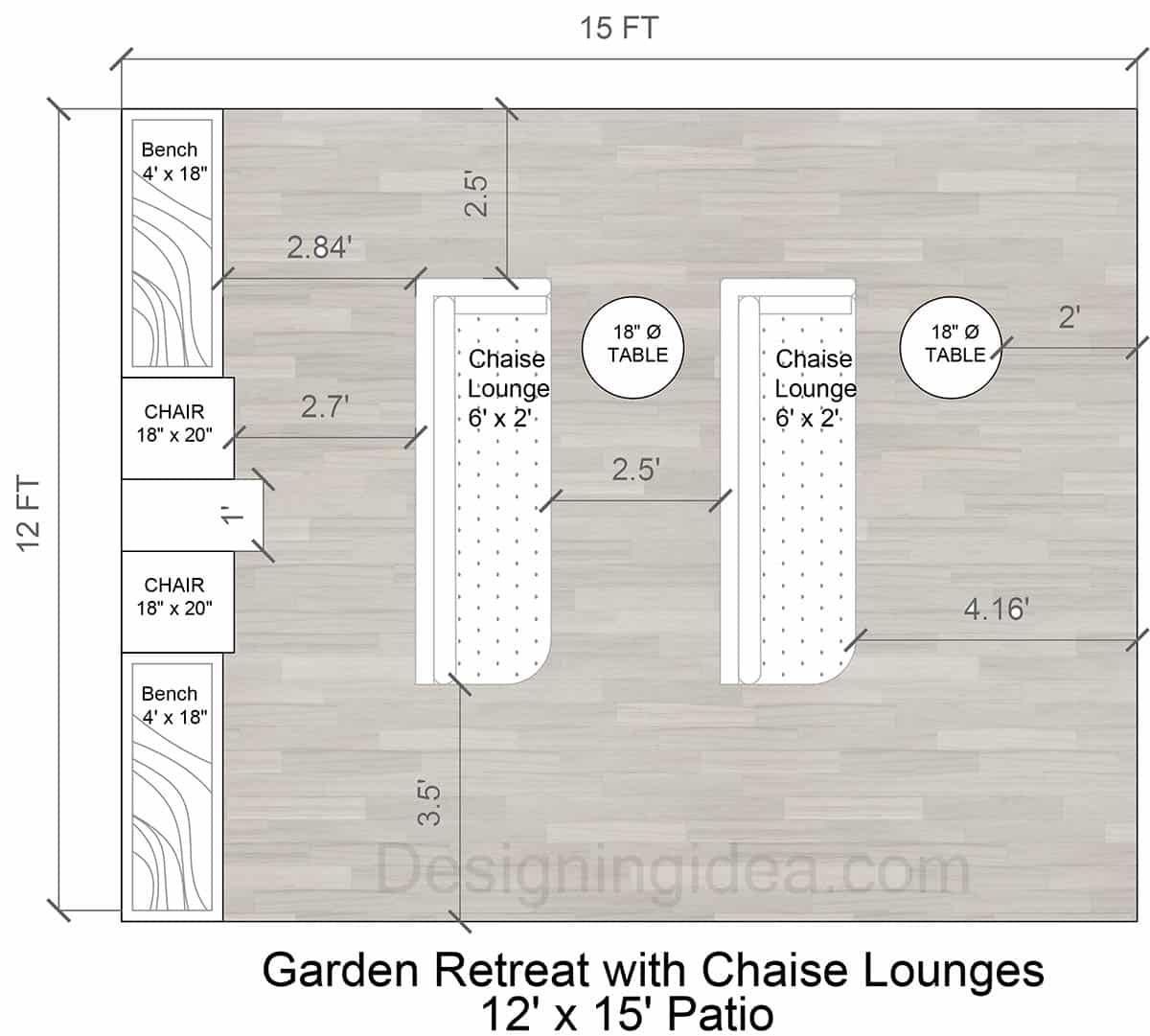 12x15 garden retreat patio with chaise lounges